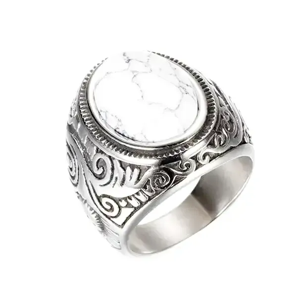 Bague Bouddha avec pierre d'Howlite (Acier)