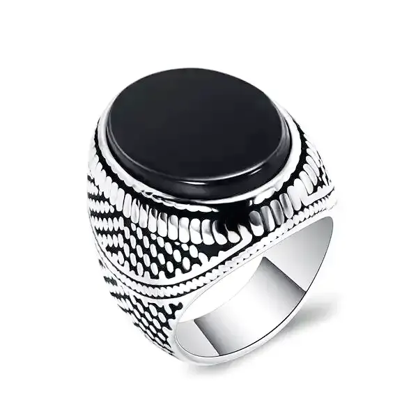 Bague Bouddha avec pierre d'Onyx Noir (Acier)