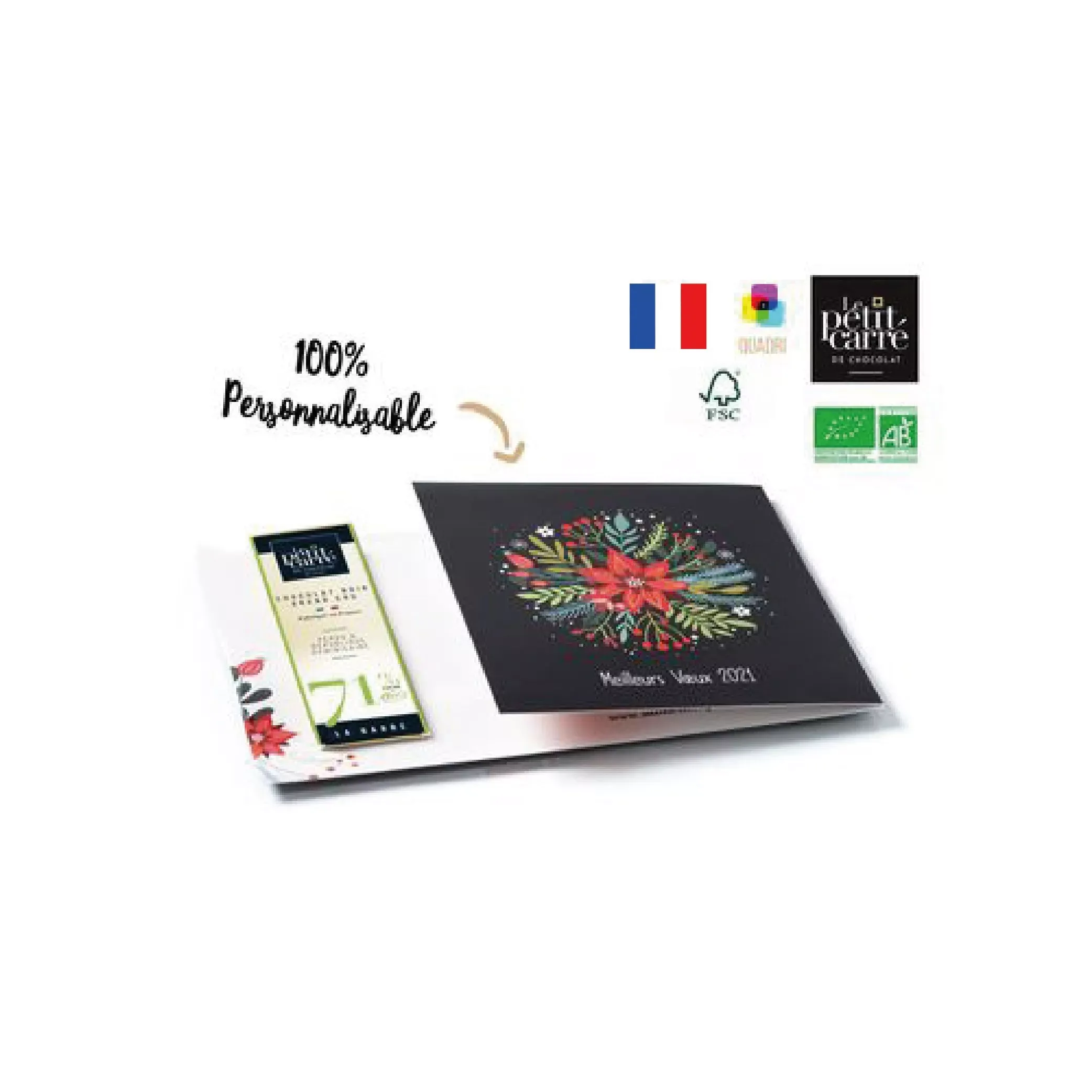 Carte de vœux avec 1 barre chocolat 10gr 71% bio fabriqué en France